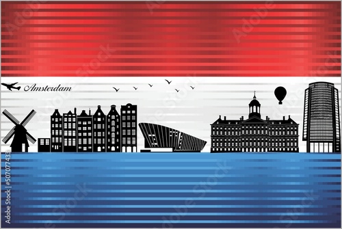 Amsterdam city skyline with flag of Netherlands on background - illustration, 
Shiny Grunge flag of the Netherlands
