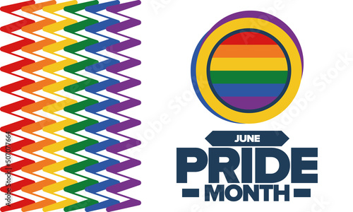 Pride Month in June. LGBT flag. Lesbian Gay Bisexual Transgender. Celebrated annual. Rainbow colours, love concept. Human rights and tolerance. Poster, banner and background. Vector illustration