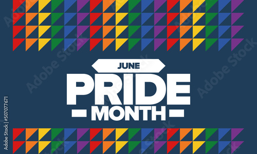 Pride Month in June. LGBT flag. Lesbian Gay Bisexual Transgender. Celebrated annual. Rainbow colours, love concept. Human rights and tolerance. Poster, banner and background. Vector illustration