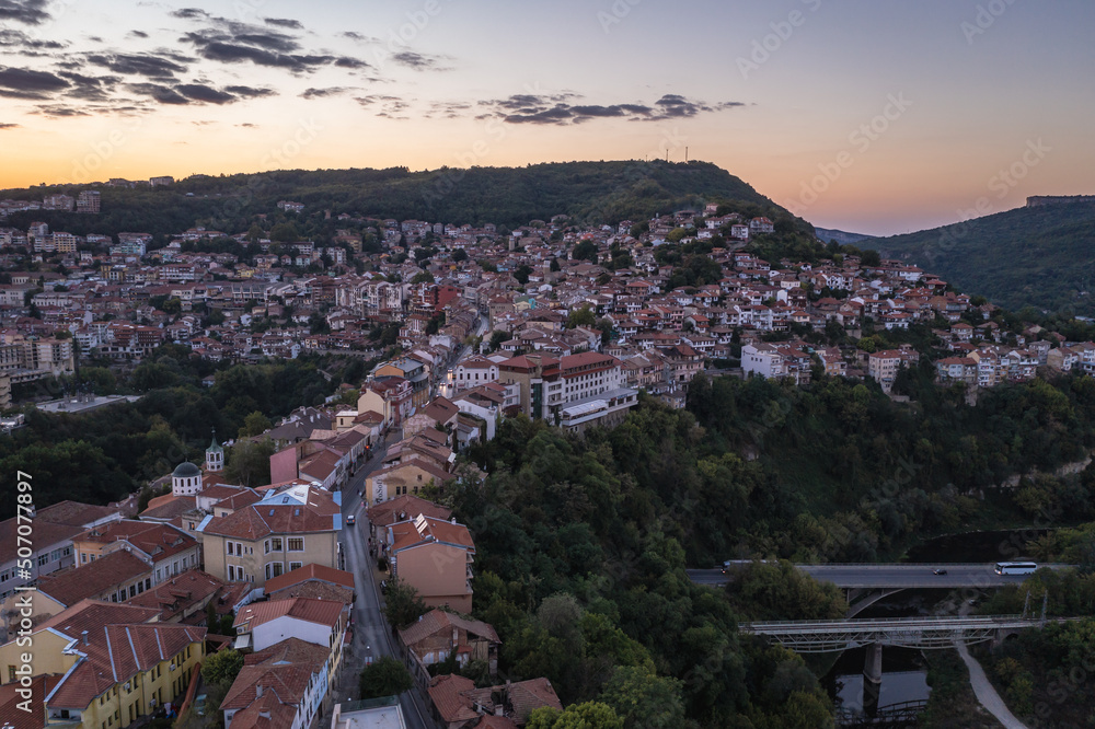 Drone evening view of historic part of Veliko Tarnovo city, Bulgaria