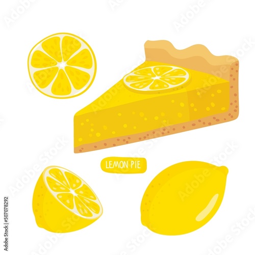 Lemon pie. Cut off pie piece isolated with lemon fruit on white background. Healthy Vegetable eating. Food flat design for menu, cafe, restaurant, farmers market, vegetarian recipe.