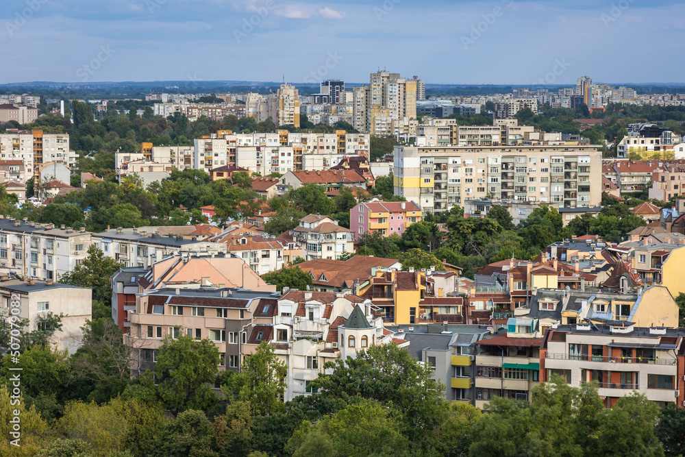 Aerial view of buildings seen from Nebet Hill in Plovdiv city, Bulgaria