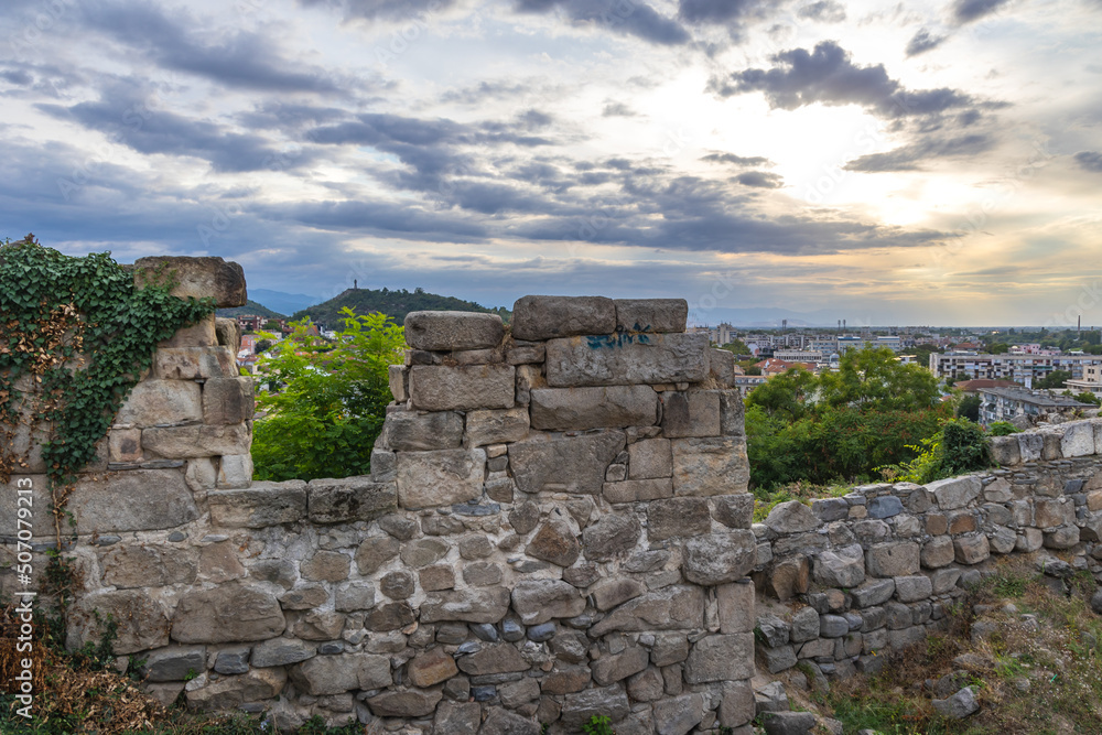 Historic walls of fortress ruins on Nebet Hill in Plovdiv city, Bulgaria