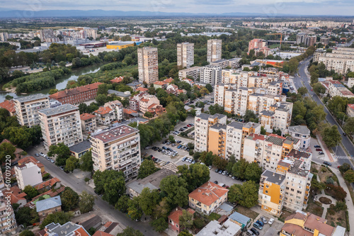 Aerial drone view of residential buildings in Plovdiv city, Bulgaria