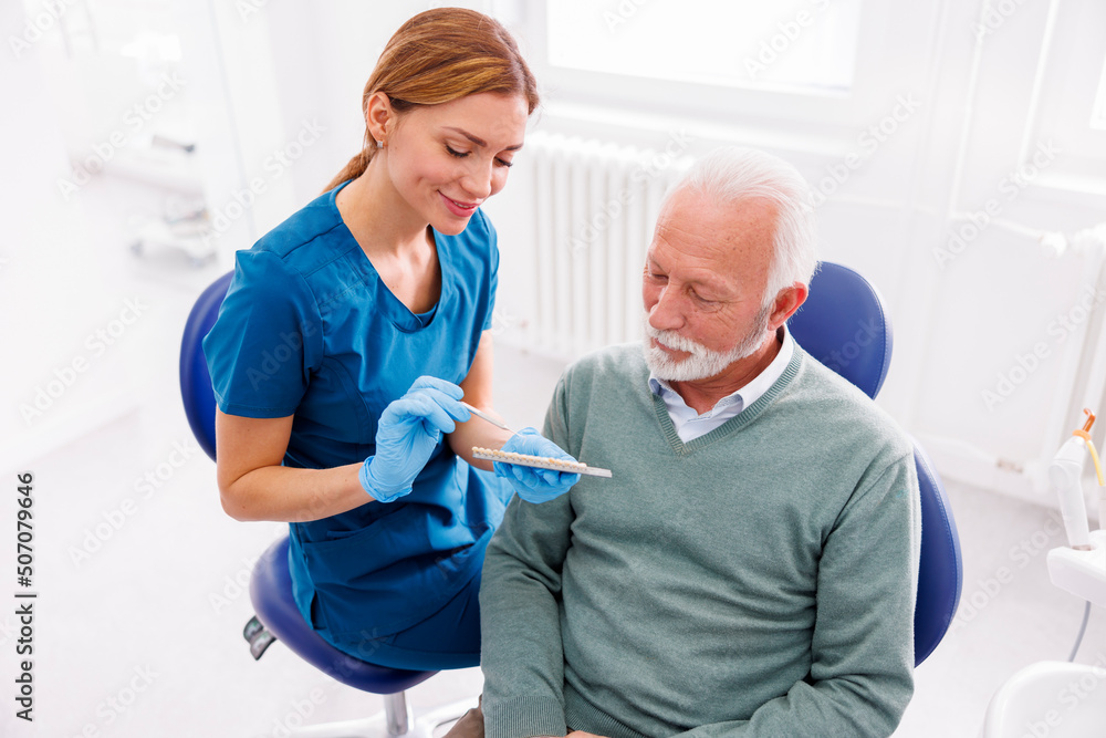 Fototapeta premium Dentist showing dentail veneers color palette to patient