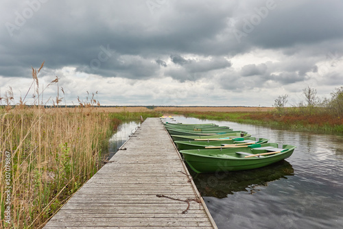 Small green boat anchored in forest lake. Scandinavia. Transportation, traditional craft, recreation, leisure activity, healthy lifestyle, local tourism, sport, rowing, hiking, summer vacations themes photo