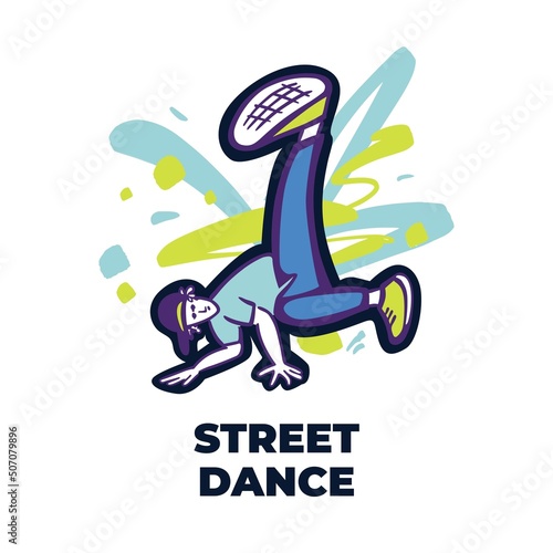Break dancer performing stunts. B-boy jumping. Street dance boomerang move. Bright colourful character on the color splash background. Funky style vector design illustrations.