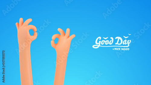 Okay sign two 3d cartoon hands vector illustration. Ok gesturing human arms summertime fun relaxing web banner