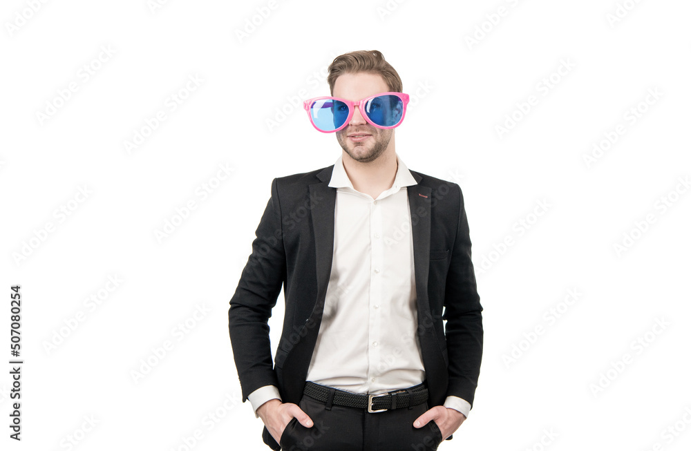 Nerdy extravagant man employee smile in funny glasses and formal suit standing, nerd Nerdy extravagant man employee smile in funny glasses and formal suit standing, nerd