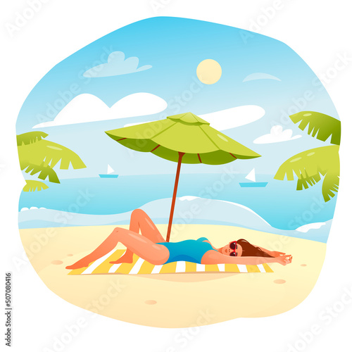 A young woman is sunbathing on the beach on the sand. Summer poster. Cartoon vector illustration