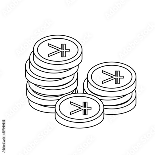 Yen coin handful in line style. Vector flat illustration