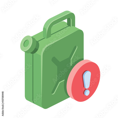 Canister of gasoline, exclamation mark. Vector 3d line isometric, color web icons, new flat style. Creative design idea for infographics.