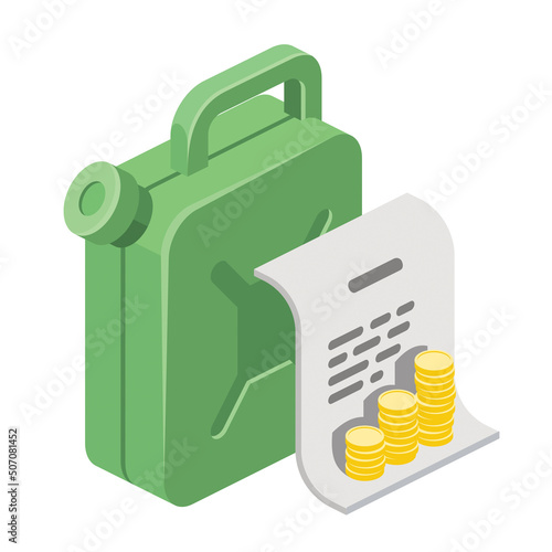 Canister of gasoline, document coins. Vector 3d line isometric, color web icons, new flat style. Creative design idea for infographics.