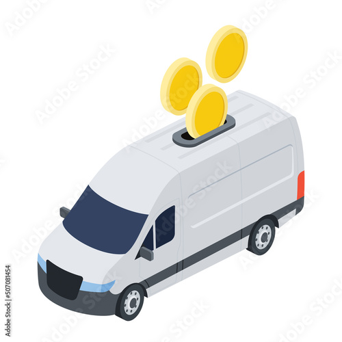 Coins, car van. Vector 3d line isometric, color web icons, new flat style. Creative design idea for infographics.