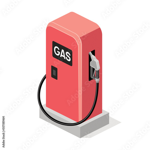 Red gas station refueling. Vector 3d line isometric, color web icons, new flat style. Creative design idea for infographics.