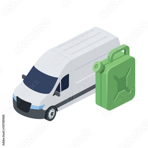 Gasoline fuel canister, car van. Vector 3d line isometric, color web icons, new flat style. Creative design idea for infographics.