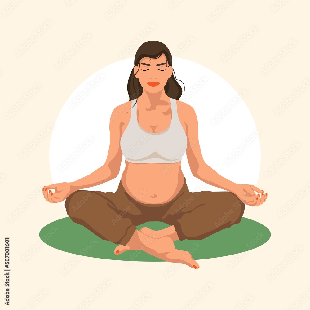 Pregnant Woman sitting in Lotus pose. Conceptual illustration for Yoga, meditation, relaxation, rest, healthy lifestyle. Flat Vector illustration.