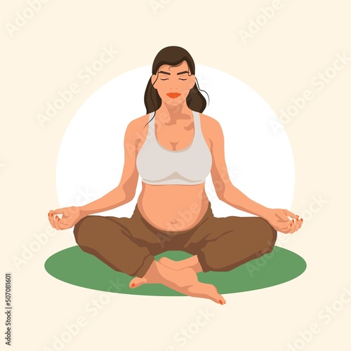 Pregnant Woman sitting in Lotus pose. Conceptual illustration for Yoga, meditation, relaxation, rest, healthy lifestyle. Flat Vector illustration.