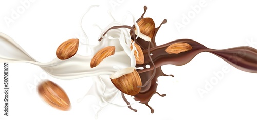Chocolate liquid splashing in the middle isolated on solid color background, Vector realistic in 3d illustration.