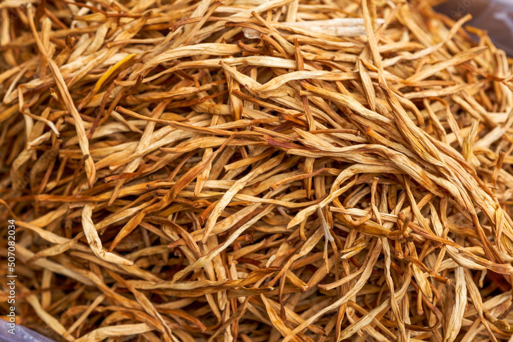 A pile of dried day lilies close-up