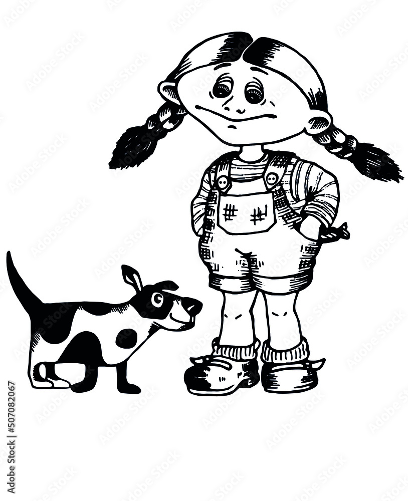 Fototapeta premium A little girl in children's clothes walks with a dog. Coloring book, illustration for children's book. Funny cartoon character. . Girl cartoon illustration. Kid graphic.