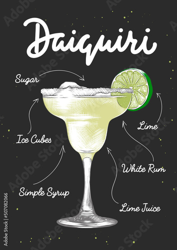 Vector engraved style Daiquiri cocktail illustration for posters, decoration, logo and print. Hand drawn sketch with lettering and recipe, beverage ingredients. Detailed colorful drawing.