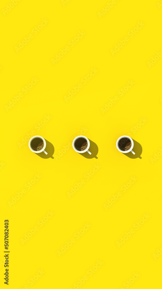 Fototapeta premium three white cups of coffee on yellow background. view from above. Vertical image. 3D image. 3D rendering.