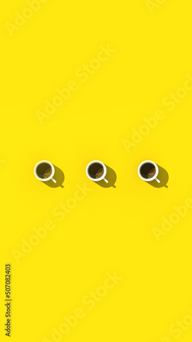 three white cups of coffee on yellow background. view from above. Vertical image. 3D image. 3D rendering.