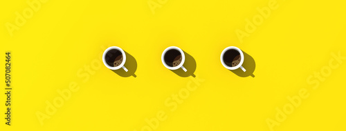 three white cups of coffee on yellow background. view from above. Banner for insertion into site. horizontal image. 3D image. 3D rendering.