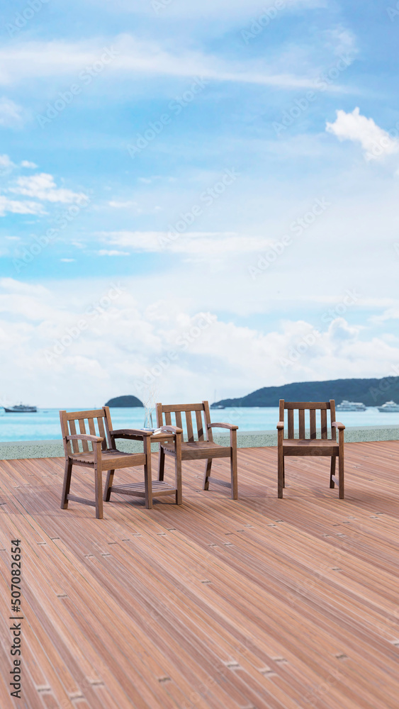 background of minimal outdoor lounging terrace and chair seat with sea and cruise view , 3D illustration rendering