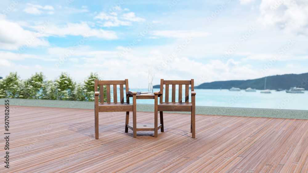 background of minimal outdoor lounging terrace and chair seat with sea and cruise view , 3D illustration rendering background of minimal outdoor lounging terrace and chair seat with sea and cruise view , 3D illustration rendering