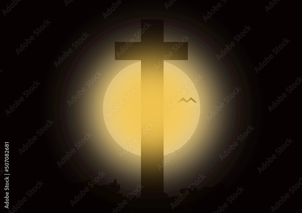 Symbols of Christian cross and full moon
