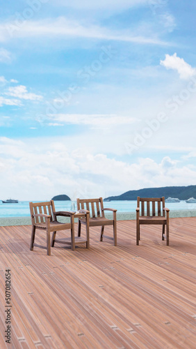background of minimal outdoor lounging terrace and chair seat with sea and cruise view , 3D illustration rendering