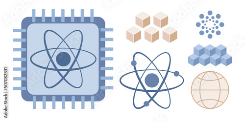 Quantum computing set icon. Artificial Intelligence, semiconductor chip, computer science, supercomputer, future technology. Vector flat illustration 