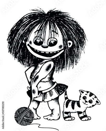 A girl plays with a kitten with a ball of yarn. Sketch. Cheerful character. The girl is prankish.