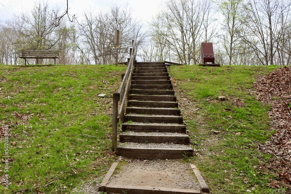 A close view on the wood steps up the hill.