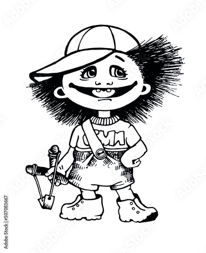 naughty guy with a slingshot. Hand drawn sketch. Cartoon illustration.