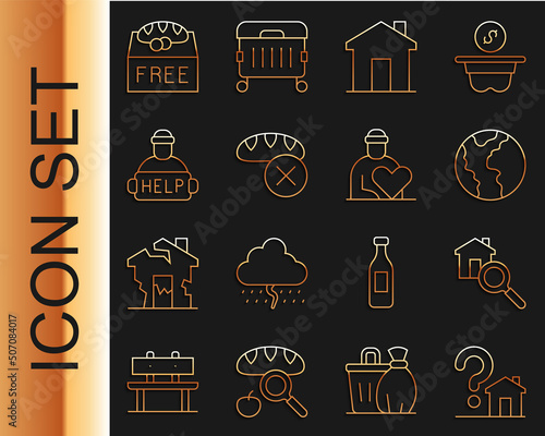 Set line House with question mark, Search house, Global economic crisis, Real estate, Donation food, Help homeless, and Volunteer icon. Vector
