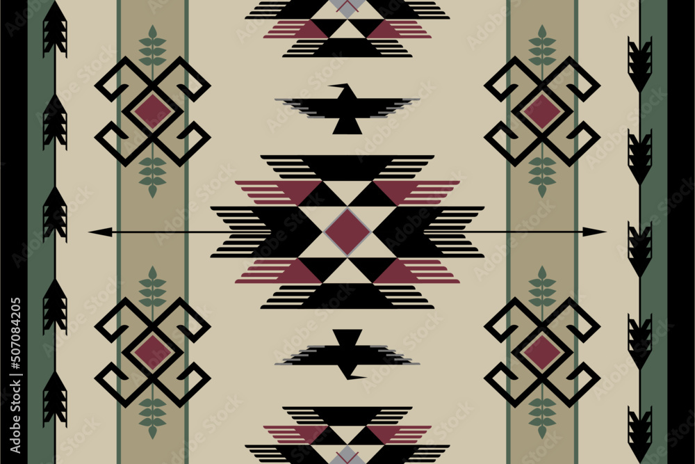 Ethnic pattern and Seamless textures, Navajo Native American, Abstract geometric print, Rustic decorative ornament, Patterns of fabrics for textiles and apparel, Home decoration and art vintage style. - obrazy, fototapety, plakaty 