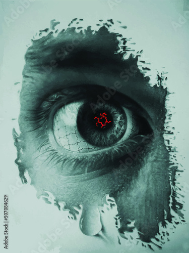 Vector illustration of close up of mutant human red eye on the white background.