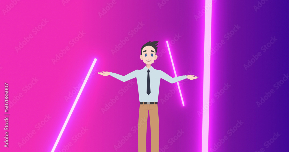 Image of man icon over neon lines on purple background Image of man icon over neon lines on purple background