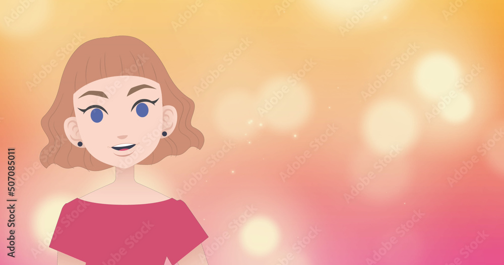 Image of woman icon over glowing spots on orange background Image of woman icon over glowing spots on orange background