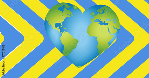 Image of hearts, arrows and heart shaped earth over flag of ukraine