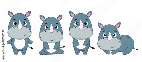 Set of cartoon characters rhinoceros on white background.Rhinoceros icon.Vector illustration for design and print 