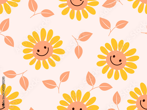 Seamless pattern with sunflower cartoons and leaves orange background vector. Cute childish print.