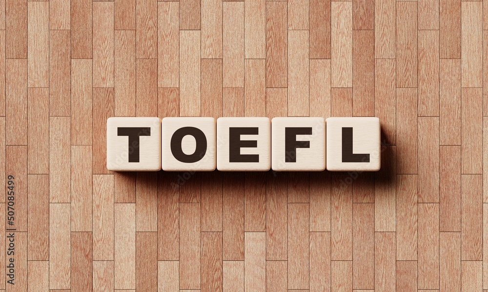 Toefl words from wooden blocks with letters education courses and test