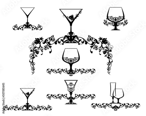 black and white vector design set of elegant calligraphic decorative elements with wine and cocktail glasses for beverages menu card