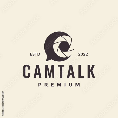camera lens shutter with talk bubble logo design vector graphic symbol icon illustration creative idea