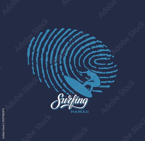 Vector illustration on the theme of surfing and surf in Hawaii. Vintage design. Grunge background. Sport typography, t-shirt graphics, print, poster, banner, flyer, postcard