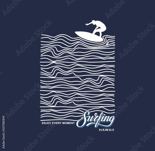 Vector illustration on the theme of surfing and surf in Hawaii. Vintage design. Grunge background. Sport typography, t-shirt graphics, print, poster, banner, flyer, postcard photo